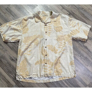 Tommy Bahama Shirt Yellow 100% Silk Floral Palm All Over Print Hawaiian XL